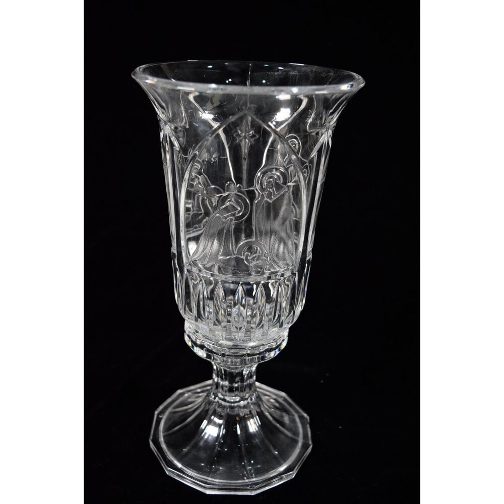 St George Crystal Two Piece Nativity Hurricane Lamp Heavy 11.5 in Jesus Manger